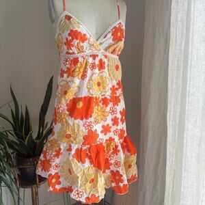 Charlotte Russe Women’s M Dress Orange Yellow Floral Cotton Mini Ruffle Hem Boho